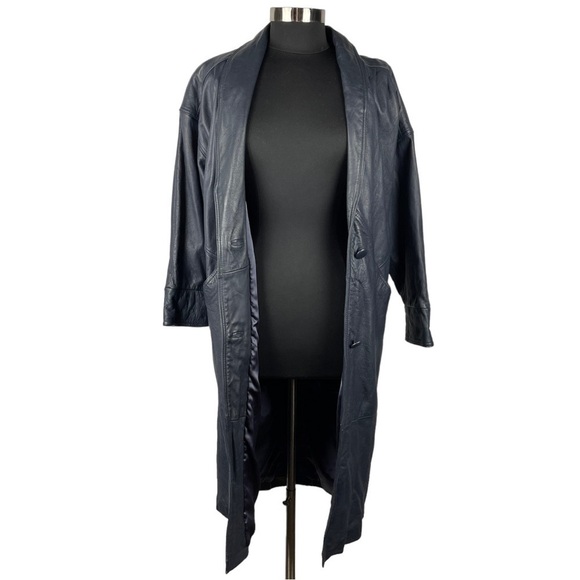 VINTAGE JACQUELINE FERRAR LEATHER NAVY BLUE OVERSIZED DROP SLEEVE 90S 80S JACKET - Picture 4 of 16